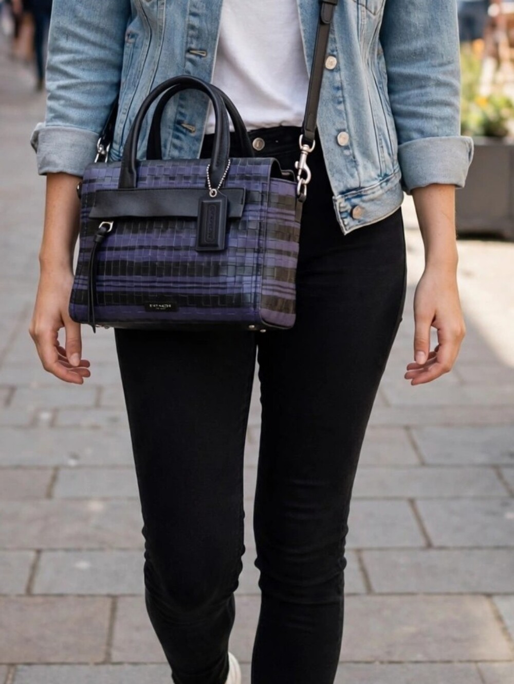 Coach Black and Purple Plaid Small Satchel with Crossbody Strap